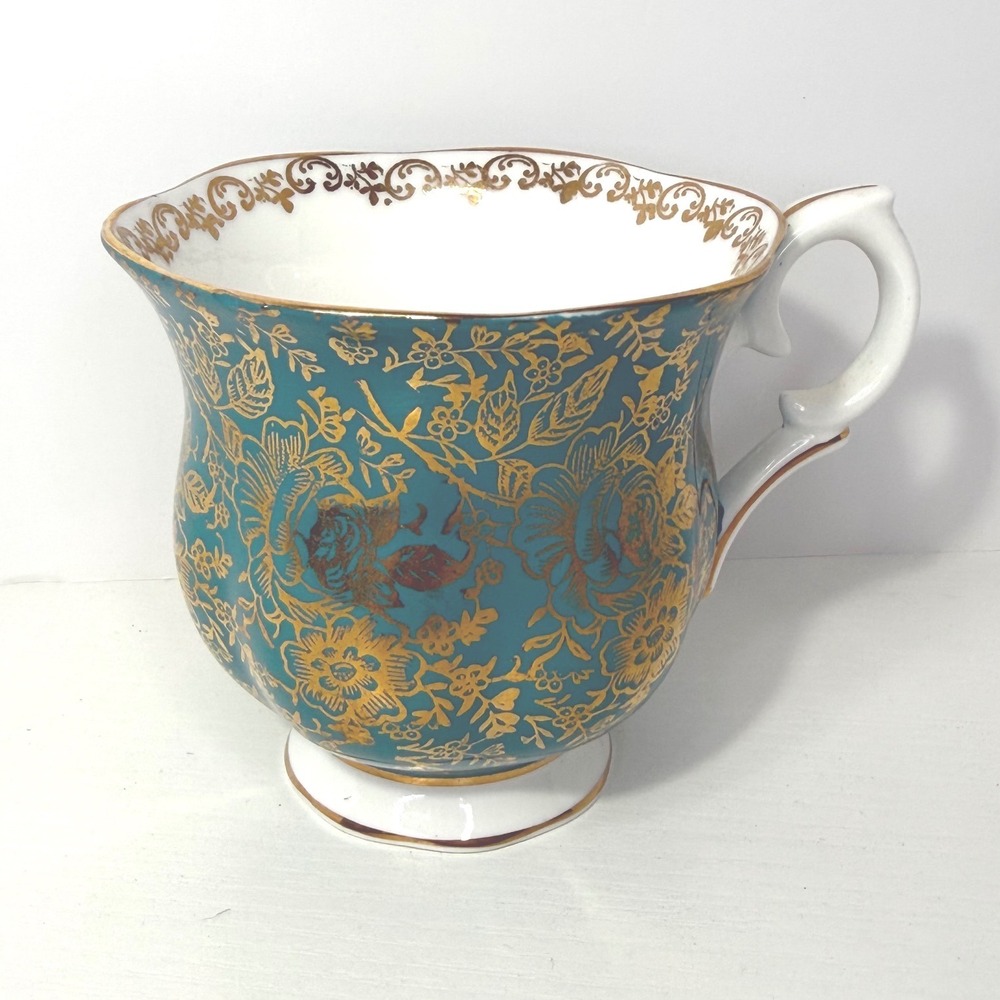 Crown Staffordshire England Creamer Pitcher Teal Gold Floral Fine Bone China
